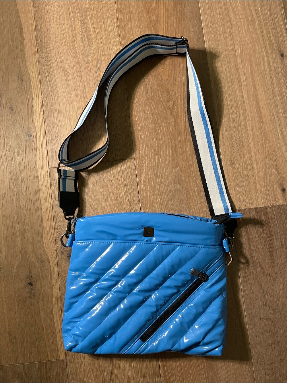 THINK ROYLN Life On The Fly Blue Quilted Crossbody Bag Striped Adjustable Strap